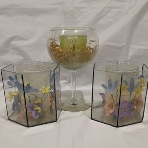 Vintage 1970s Candles With Blue Pink Purple Yellow Flowers Tall Dried Flowers